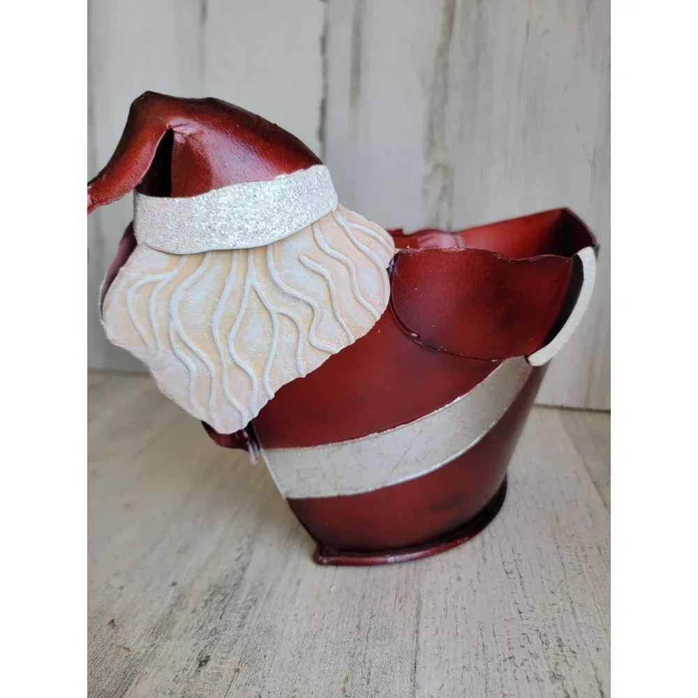 Pier 1 Santa tin‎ metal bucket holiday home decor Xmas figure
